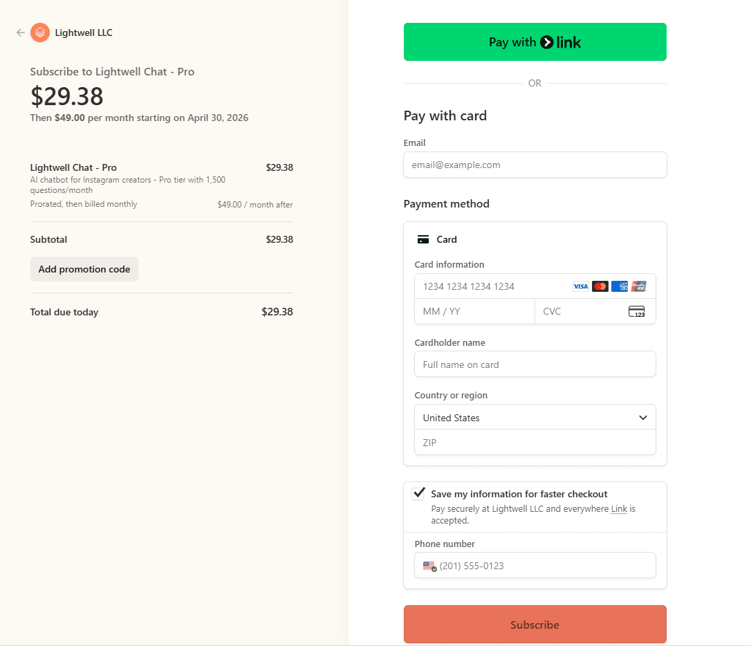 Stripe checkout page for Lightwell subscription