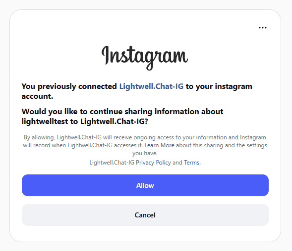 Instagram authorization screen