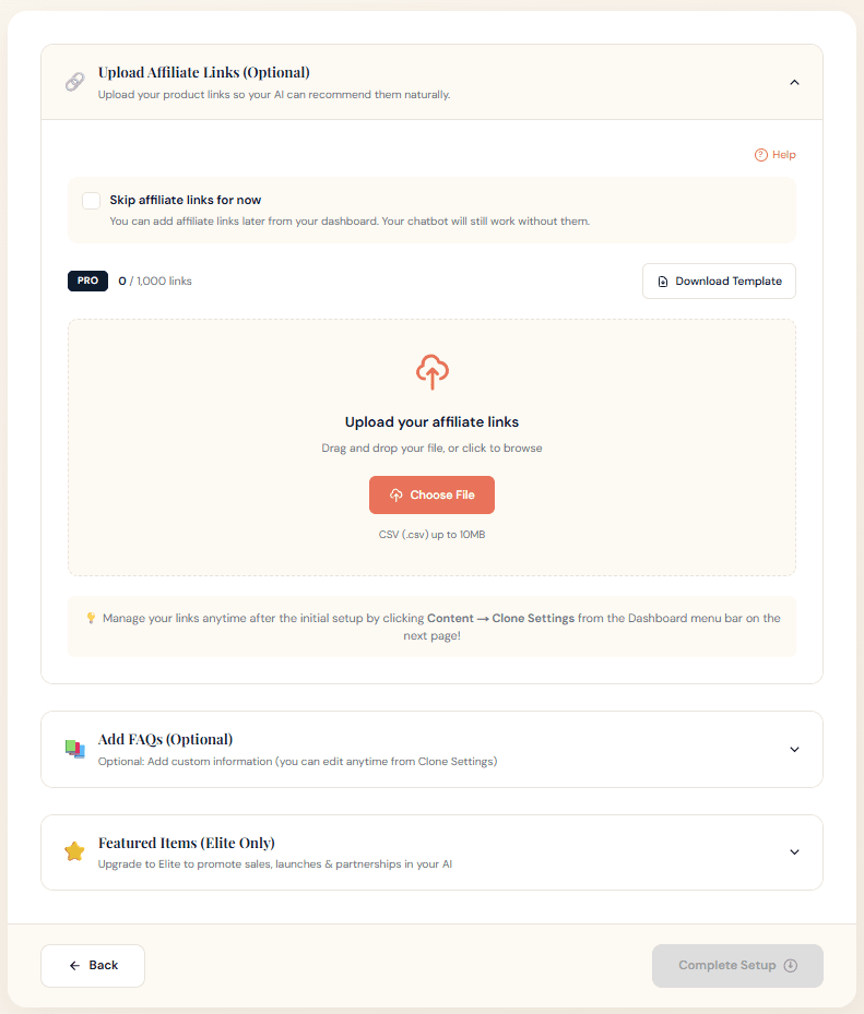 Config wizard - Affiliate links upload and FAQ section
