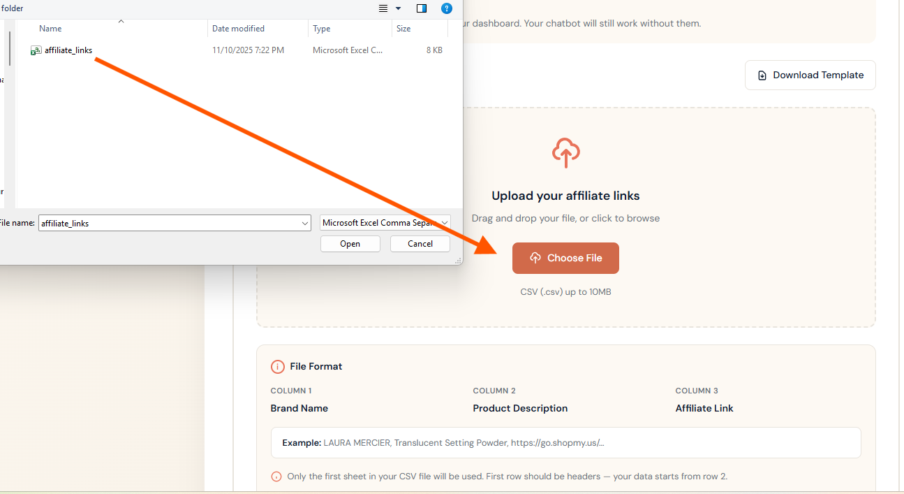 Affiliate links upload interface