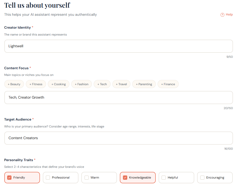Creator identity configuration screen
