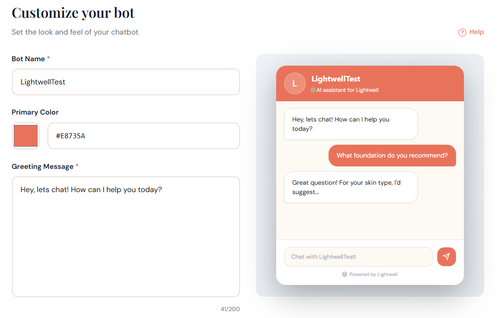 Bot customization screen with live preview